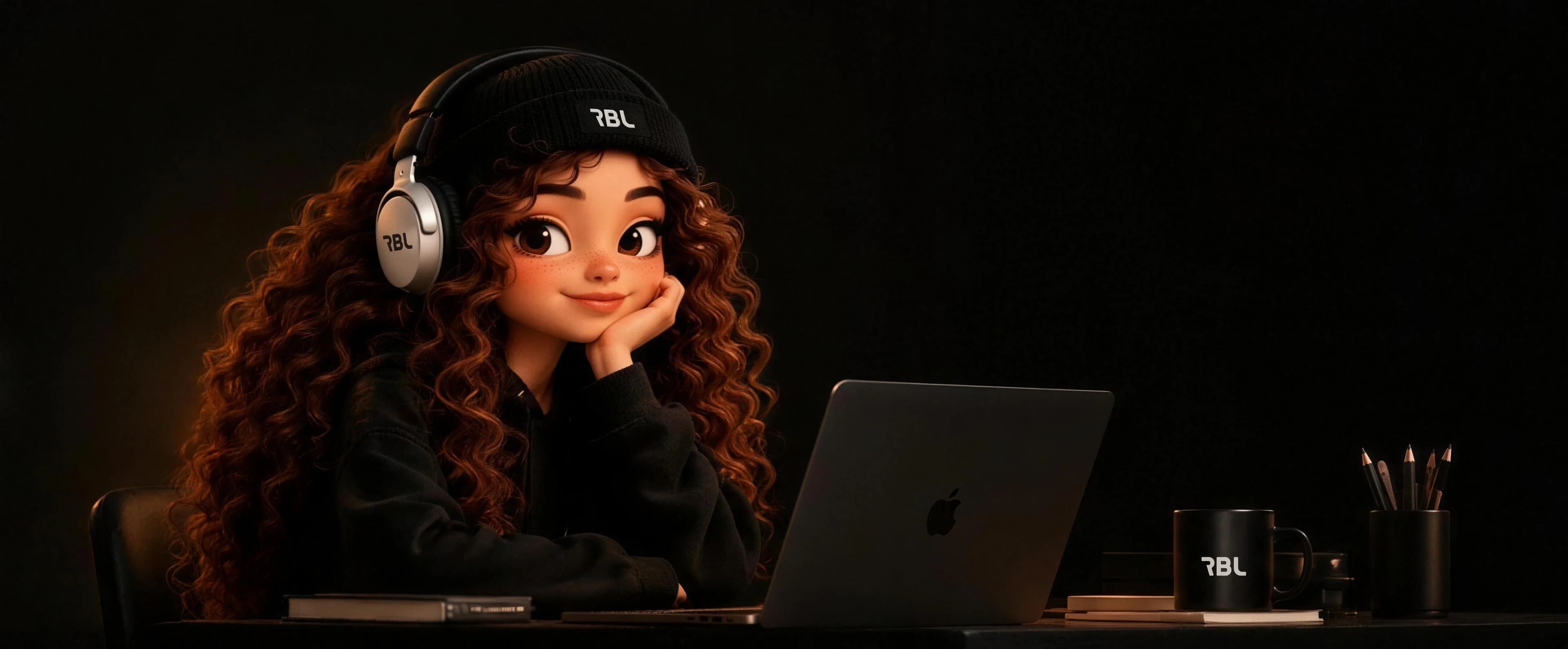 A personagem da RBL Studio à noite, na mesa de trabalho, com o queixo apoiado na mão e o notebook aberto.